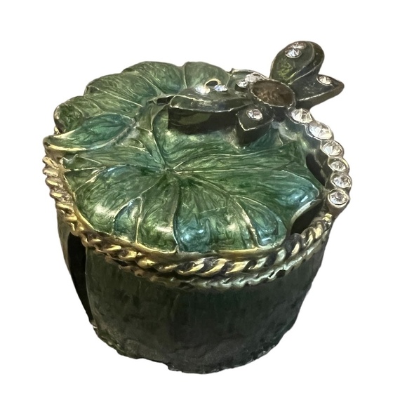 Dragonfly Lily Pad Green Enameled Metal Rhinestone Heavy Trinket Box, - Picture 2 of 7